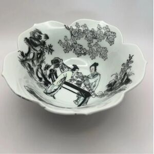 Vintage YT Hong Kong Porcelain Bowl Scalloped Black & White Decorative Dish